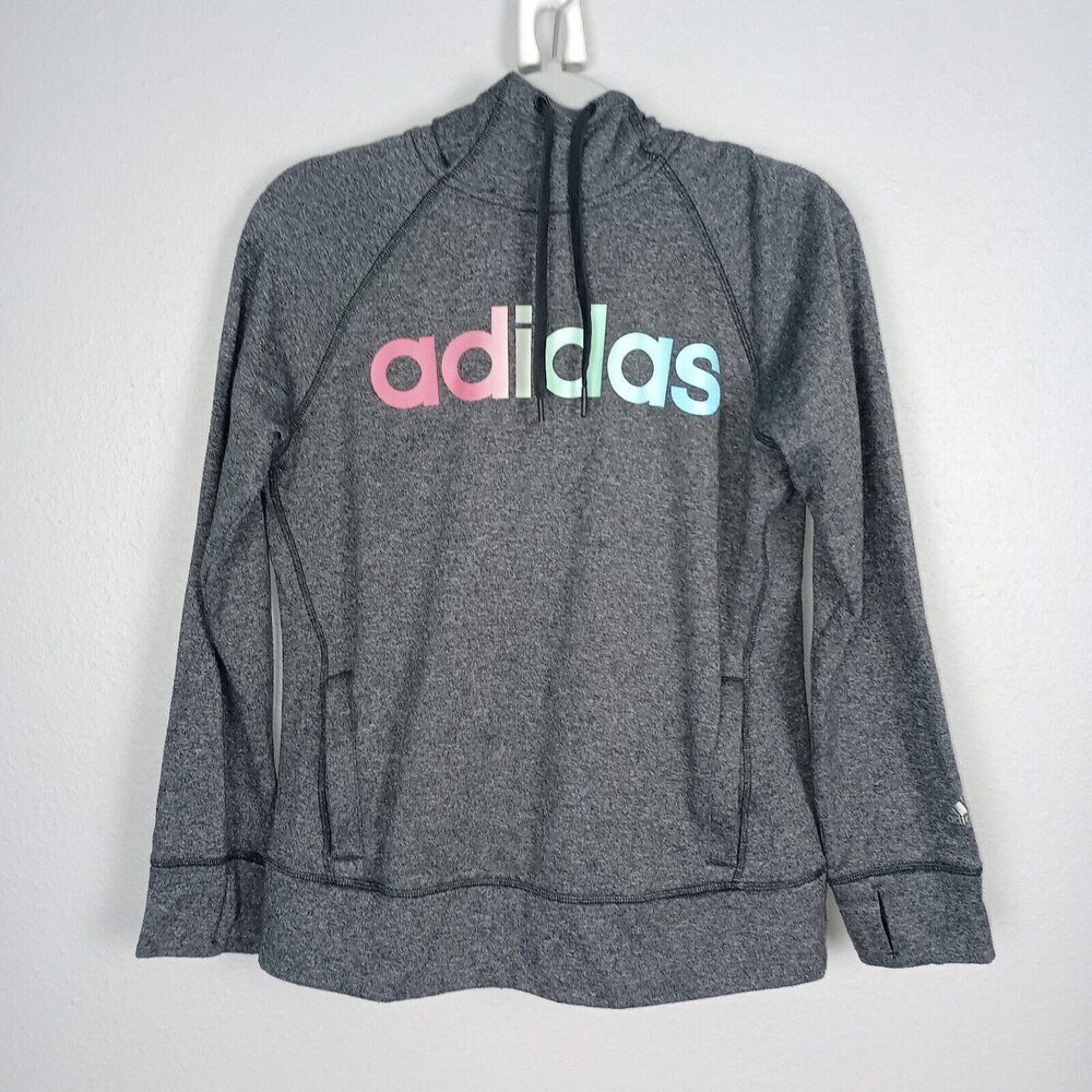 Women’s Adidas Climawarm Hoodie Size Medium Gray With Rainbow Colorful Logo